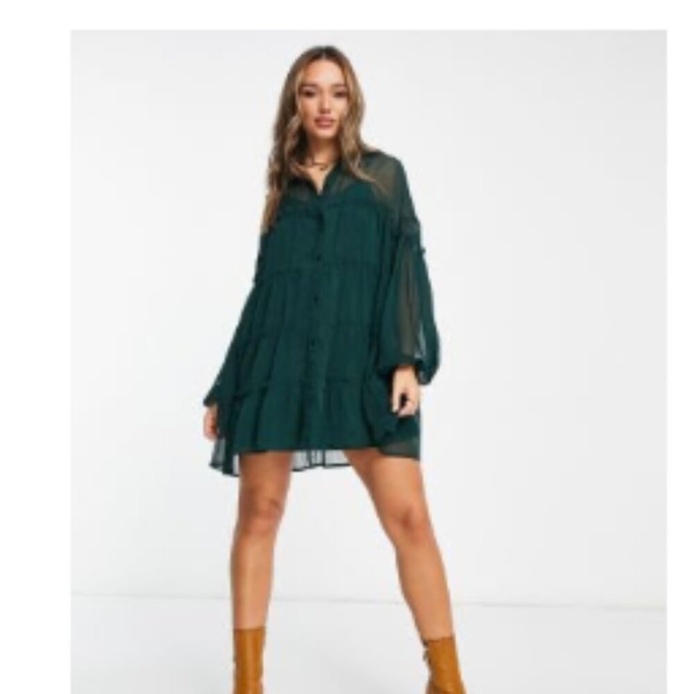 ASOS DESIGN tiered mini shirt dress in dark green